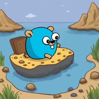 Go Blue Gopher found itself in the middle of the water, puzzled, while trying to code in front of a desk.