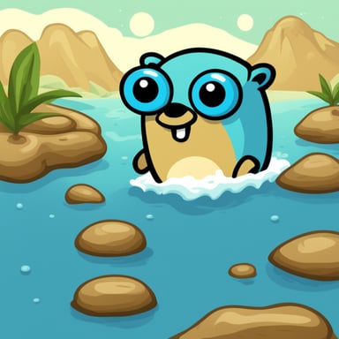 Go Blue Gopher found itself in the middle of the water, puzzled, while trying to code in front of a desk.