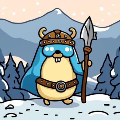 Go Blue Gopher as a Swedish Viking on a snow mountain.