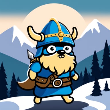 Go Blue Gopher as a Swedish warrior Viking on mountains.