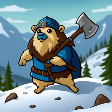 Go Blue Gopher as a Swedish warrior with axes on a snow mountain.