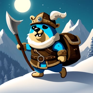 Go Blue Gopher as a Swedish warrior with axes on a snow mountain.