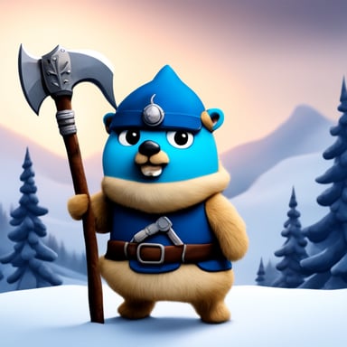 Go Blue Gopher as a Swedish warrior with axes on a snow mountain.