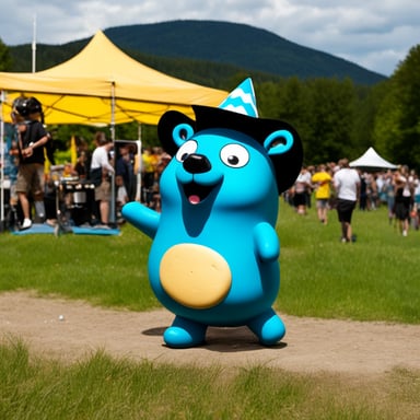 Happy Go Blue Gopher raving at the techno festival Fusion in Germany.