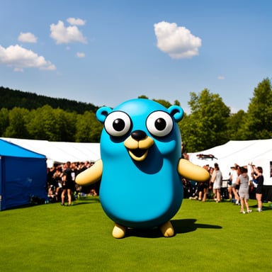 Happy Go Blue Gopher raving at the techno festival Fusion in Germany.