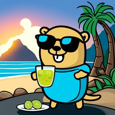 Go Blue Gopher having caipirinha by a beach in Rio de Janeiro.