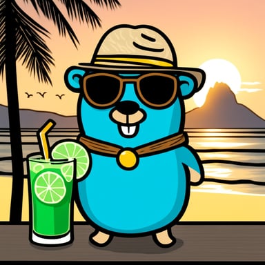 Go Blue Gopher having caipirinha by a beach in Rio de Janeiro.
