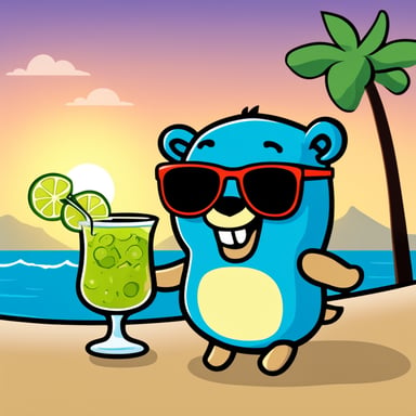 Go Blue Gopher having caipirinha by a beach in Rio de Janeiro.