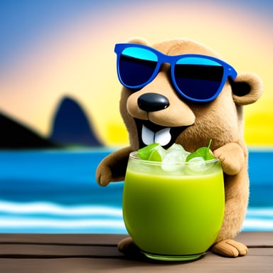 Go Blue Gopher having caipirinha by a beach in Rio de Janeiro.