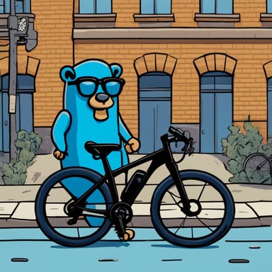 Go Blue Gopher, a personal version of the Golang Gopher mascot, is colored in classic Go blue. This Gopher stands beside a sleek road bike in an urban setting, surrounded by tall buildings and a street backdrop. Go Blue Gopher wears a modern sling bag over his shoulder and sports a few tattoos, blending seamlessly into the urban environment with a neutral expression.