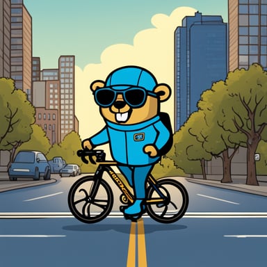 Go Blue Gopher, a personal version of the Golang Gopher mascot, is colored in classic Go blue. This Gopher stands beside a sleek road bike in an urban setting, surrounded by tall buildings and a street backdrop. Go Blue Gopher wears a modern sling bag over his shoulder and sports a few tattoos, blending seamlessly into the urban environment with a neutral expression.