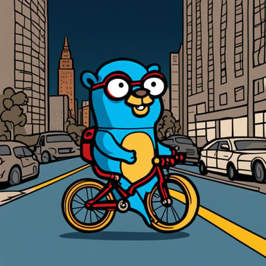 Go Blue Gopher, a personal version of the Golang Gopher mascot, is colored in classic Go blue. This Gopher stands beside a sleek road bike in an urban setting, surrounded by tall buildings and a street backdrop. Go Blue Gopher wears a modern sling bag over his shoulder and sports a few tattoos, blending seamlessly into the urban environment with a neutral expression.