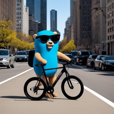 Go Blue Gopher, a personal version of the Golang Gopher mascot, is colored in classic Go blue. This Gopher stands beside a sleek road bike in an urban setting, surrounded by tall buildings and a street backdrop. Go Blue Gopher wears a modern sling bag over his shoulder and sports a few tattoos, blending seamlessly into the urban environment with a neutral expression.