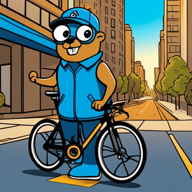 Go Blue Gopher, a personal version of the Golang Gopher mascot, is colored in classic Go blue. He stands beside a sleek road bike, adjusted for his short gopher legs, in an urban setting with tall buildings, cars, and other people in the background. Wearing a modern sling bag over his shoulder with a few tattoos visible on his body, Go Blue Gopher blends seamlessly into the urban environment with a neutral expression.
