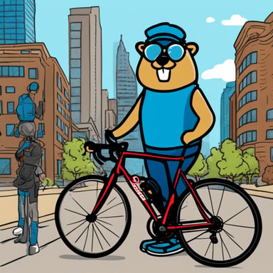 Go Blue Gopher, a personal version of the Golang Gopher mascot, is colored in classic Go blue. He stands beside a sleek road bike, adjusted for his short gopher legs, in an urban setting with tall buildings, cars, and other people in the background. Wearing a modern sling bag over his shoulder with a few tattoos visible on his body, Go Blue Gopher blends seamlessly into the urban environment with a neutral expression.