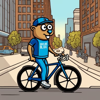 Go Blue Gopher, a personal version of the Golang Gopher mascot, is colored in classic Go blue. He stands beside a sleek road bike, adjusted for his short gopher legs, in an urban setting with tall buildings, cars, and other people in the background. Wearing a modern sling bag over his shoulder with a few tattoos visible on his body, Go Blue Gopher blends seamlessly into the urban environment with a neutral expression.