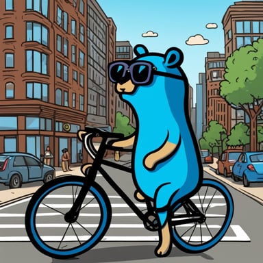 Go Blue Gopher, a personal version of the Golang Gopher mascot, is colored in classic Go blue. He stands beside a sleek road bike, adjusted for his short gopher legs, in an urban setting with tall buildings, cars, and other people in the background. Wearing a modern sling bag over his shoulder with a few tattoos visible on his body, Go Blue Gopher blends seamlessly into the urban environment with a neutral expression.