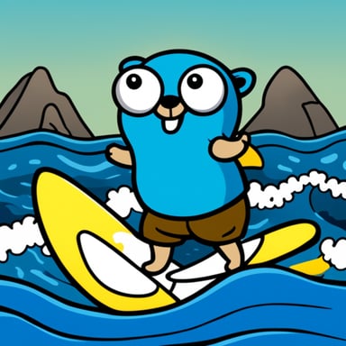 Go Blue Gopher surfing on a rounded sticker.