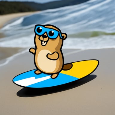 Go Blue Gopher surfing on a rounded sticker.