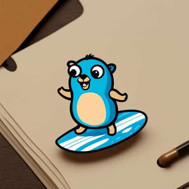 Go Blue Gopher surfing on a rounded sticker.