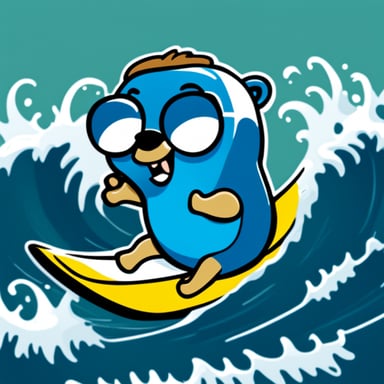 Sticker of a Go Blue Gopher surfing.
