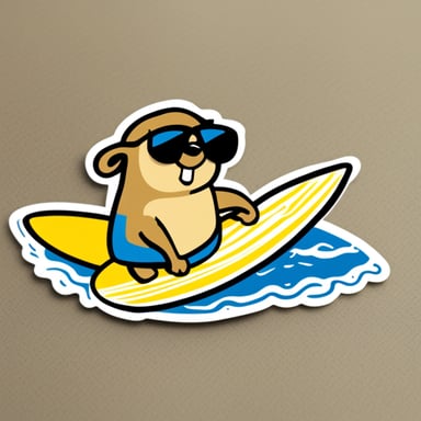 Sticker of a Go Blue Gopher surfing.