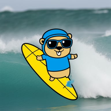 Sticker of a Go Blue Gopher surfing.