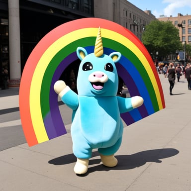 Go Blue Gopher in a rainbow unicorn outfit at the pride event.