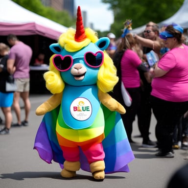 Go Blue Gopher in a rainbow unicorn outfit at the pride event.