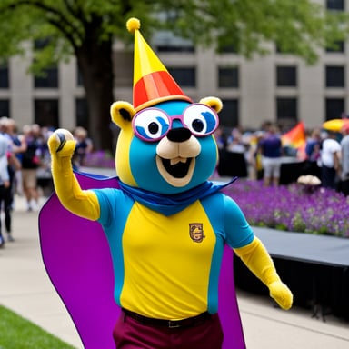 Go Blue Gopher, wearing rainbow clothes at the pride event, was happy alongside other Go Blue Gophers.