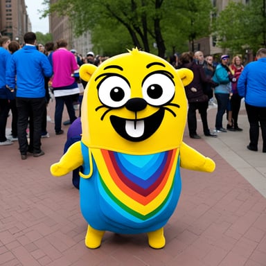 Go Blue Gopher, wearing rainbow clothes at the pride event, was happy alongside other Go Blue Gophers.