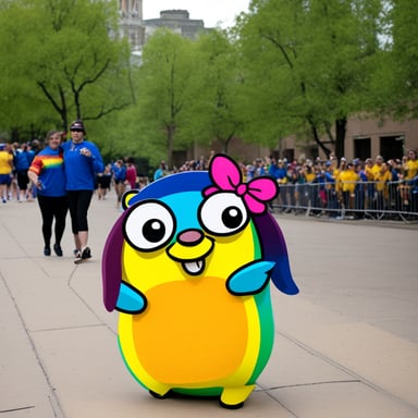 Go Blue Gopher, wearing rainbow clothes at the pride event, was happy alongside other Go Blue Gophers.