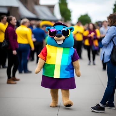 Go Blue Gopher, wearing rainbow clothes at the pride event, was happy alongside other Go Blue Gophers.