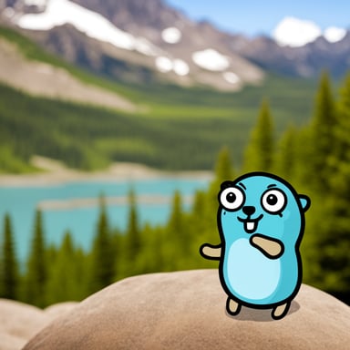 A happy Go Blue Gopher in front of a mountain.