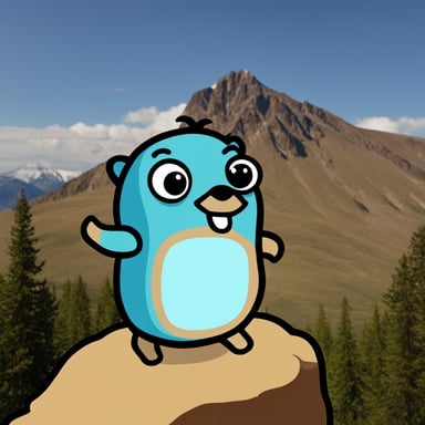 A happy Go Blue Gopher in front of a mountain.