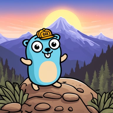 A happy Go Blue Gopher in front of a mountain.