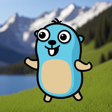 A happy Go Blue Gopher in front of a mountain.