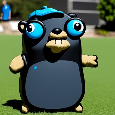 Unhappy Go Blue Gopher wearing all black and no sunglasses