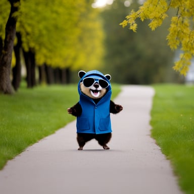 A go blue gopher dressed as a raccoon.