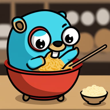 An Asian Go Blue Gopher eating ramen.