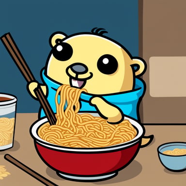 An Asian Go Blue Gopher eating ramen.