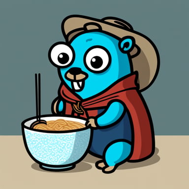 An Asian Go Blue Gopher eating ramen.