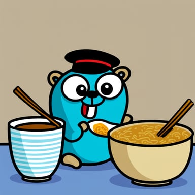 An Asian Go Blue Gopher eating ramen.