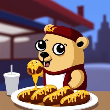 Go Blue Gopher eating a currywurst.