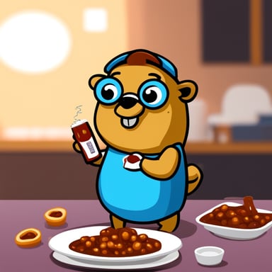 Go Blue Gopher eating a currywurst.
