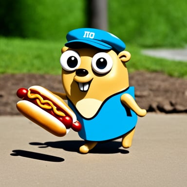 Go Blue Gopher holding a hotdog