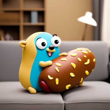 Go blue gopher hugging a big sausage pillow.