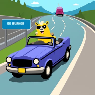 Go blue gopher driving a unicorn on the autobahn.