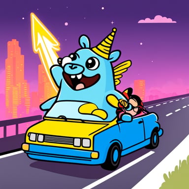 Go blue gopher driving a unicorn on the autobahn.