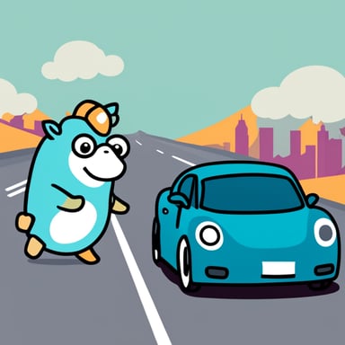 Go blue gopher driving a unicorn on the autobahn.